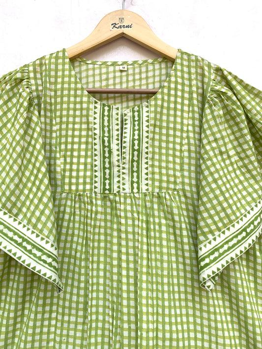 green plaid cotton blouse with v neck and short sleeves