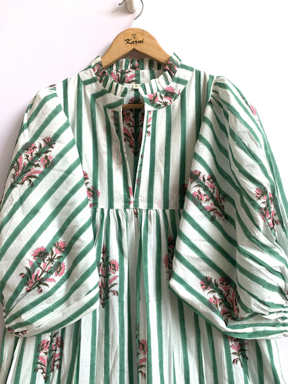 Green White Striped Floral Hand Block Printed Cotton Dress – Puff Sleeve Boho Tiered Midi Dress